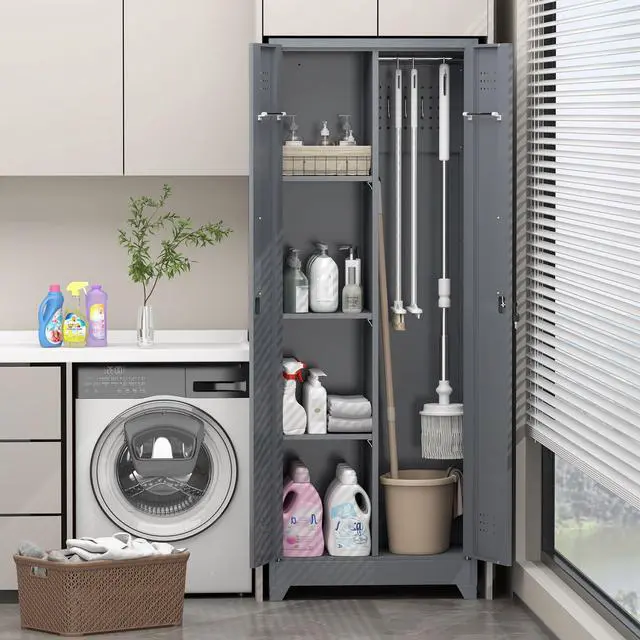Alt view image 6 of 6 - Broom Closet,Broom Closet Storage Cabinets with Lock, 65" Metal Garage Organization Cabinet,Cleaning SupplyUtility Storage Cabinet with Pegboard & Shelves for Laundry Room,Workshop