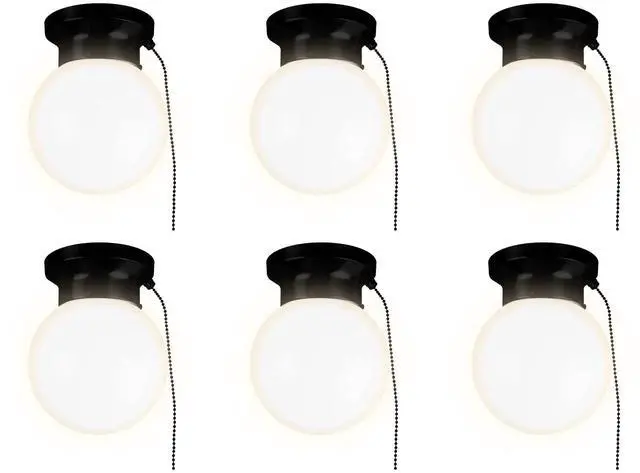 Main image of 6" Utility LED Glass Flush Mount with Pull Chain - Globe Light Fixture - 500 Lumens 3000K Light Fixture for Closet, Pantry, Shed, Laundry Room - ETL-Certified (Matte Black, 6-Pack)