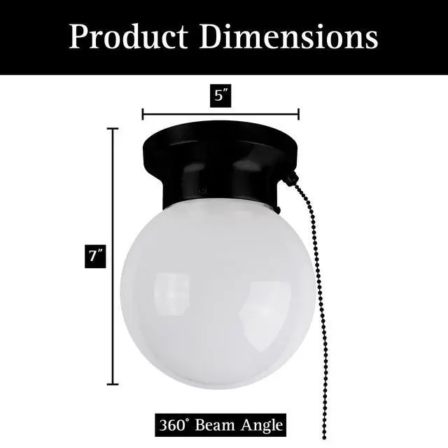 Alt view image 3 of 6 - 6" Utility LED Glass Flush Mount with Pull Chain - Globe Light Fixture - 500 Lumens 3000K Light Fixture for Closet, Pantry, Shed, Laundry Room - ETL-Certified (Matte Black, 6-Pack)