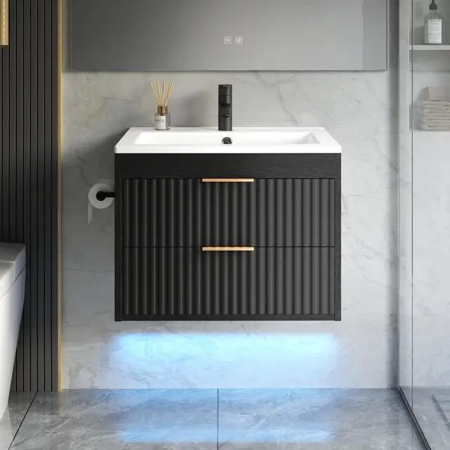 Main image of 24 Inch Floating Bathroom Vanity with Sink & Towel Holder, Fluted Wall Mounted Vanity Cabinet for Small Bathroom, Modern Combo with LED Light, Metal Handle & Soft-Closing Drawers, Black