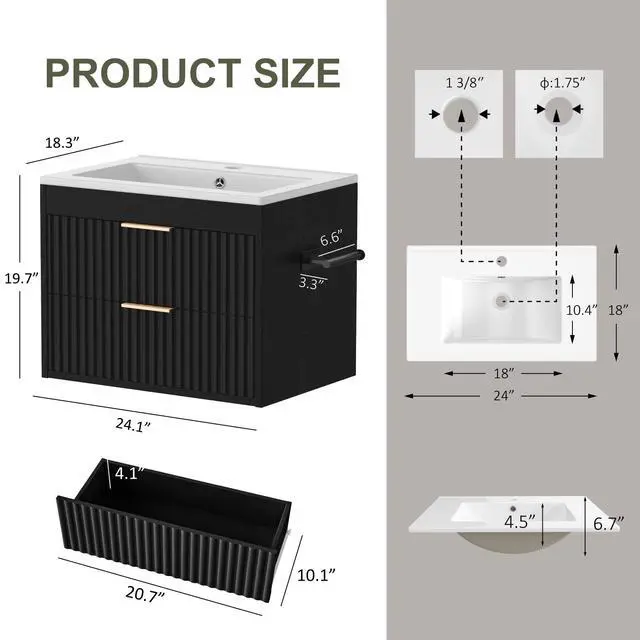 Alt view image 2 of 6 - 24 Inch Floating Bathroom Vanity with Sink & Towel Holder, Fluted Wall Mounted Vanity Cabinet for Small Bathroom, Modern Combo with LED Light, Metal Handle & Soft-Closing Drawers, Black