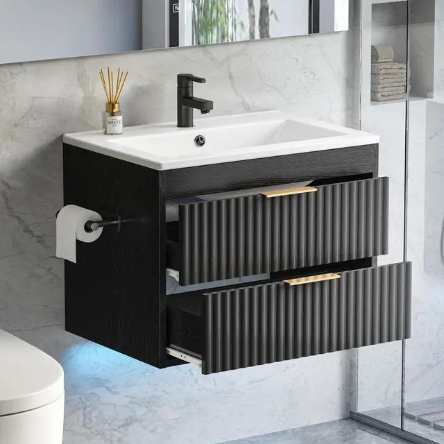 Alt view image 4 of 6 - 24 Inch Floating Bathroom Vanity with Sink & Towel Holder, Fluted Wall Mounted Vanity Cabinet for Small Bathroom, Modern Combo with LED Light, Metal Handle & Soft-Closing Drawers, Black