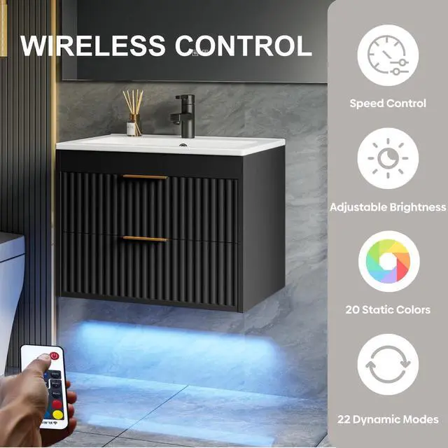 Alt view image 5 of 6 - 24 Inch Floating Bathroom Vanity with Sink & Towel Holder, Fluted Wall Mounted Vanity Cabinet for Small Bathroom, Modern Combo with LED Light, Metal Handle & Soft-Closing Drawers, Black