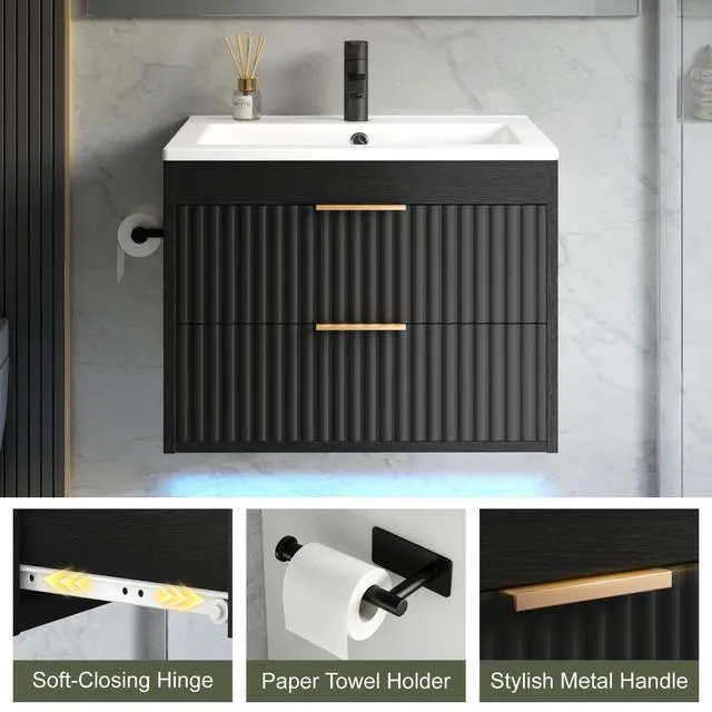 Alt view image 6 of 6 - 24 Inch Floating Bathroom Vanity with Sink & Towel Holder, Fluted Wall Mounted Vanity Cabinet for Small Bathroom, Modern Combo with LED Light, Metal Handle & Soft-Closing Drawers, Black