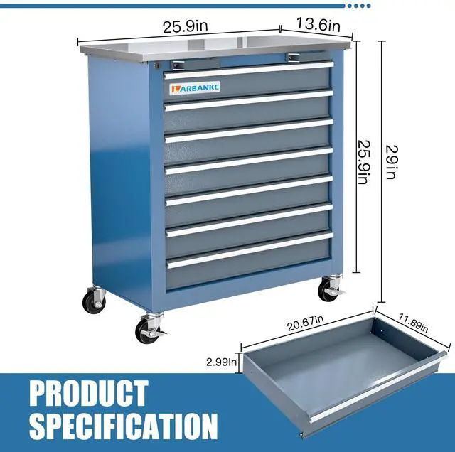 Alt view image 3 of 6 - 7-Drawer Rolling Tool Chest with Stainless Steel Countertop,Tool Chest with Secure Locking System,Tool Cabinet with 360°Wheels and Padded Feet,for Home, Garage and Office
