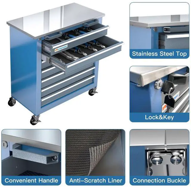 Alt view image 5 of 6 - 7-Drawer Rolling Tool Chest with Stainless Steel Countertop,Tool Chest with Secure Locking System,Tool Cabinet with 360°Wheels and Padded Feet,for Home, Garage and Office