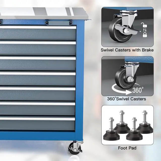 Alt view image 6 of 6 - 7-Drawer Rolling Tool Chest with Stainless Steel Countertop,Tool Chest with Secure Locking System,Tool Cabinet with 360°Wheels and Padded Feet,for Home, Garage and Office
