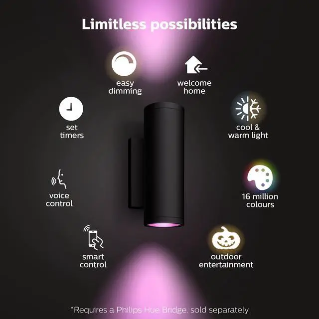 Alt view image 6 of 6 - Appear Outdoor Smart Wall Light, Black - White and Color Ambiance LED Color-Changing Light - 2 Pack - Requires Hue Bridge - Control with Hue App and Voice - Weatherproof