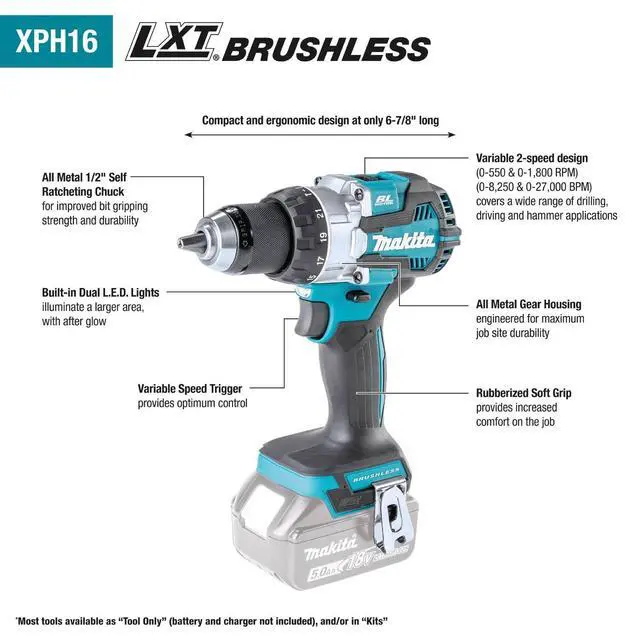 Alt view image 2 of 6 - XPH16Z 18V LXT® Lithium-Ion Compact Brushless Cordless 1/2" Hammer Driver-Drill, Tool Only