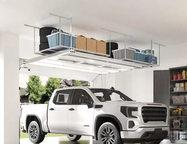 Alt view image 2 of 6 - 4x6 Overhead Garage Storage Adjustable Ceiling Rack 72" Length x 48" Width x 40" Height, 450lbs Weight Capacity, White, Classic Series