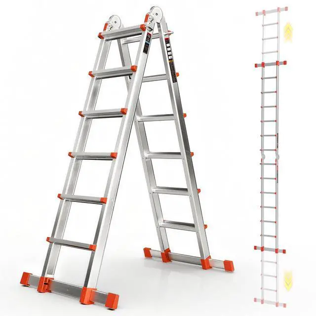 Main image of Telescoping Ladder, A Frame Ladder, Multi Position with Stabilizer Bar, 330 lbs Security Load Ladder for Stairs Household or Outdoor Roof, 22 Ft, Orange
