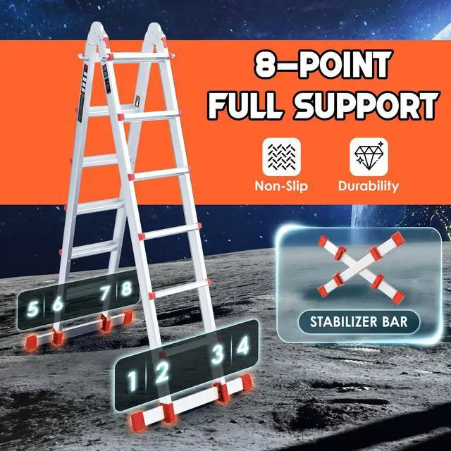 Alt view image 4 of 6 - Telescoping Ladder, A Frame Ladder, Multi Position with Stabilizer Bar, 330 lbs Security Load Ladder for Stairs Household or Outdoor Roof, 22 Ft, Orange