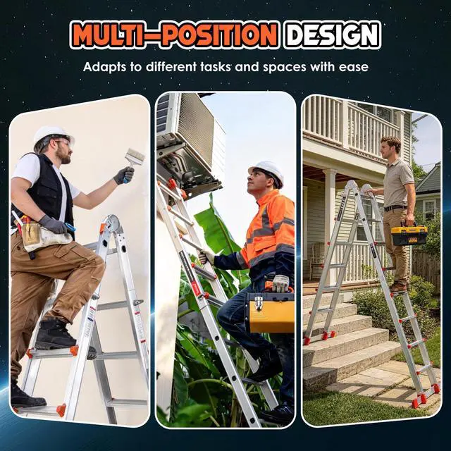 Alt view image 5 of 6 - Telescoping Ladder, A Frame Ladder, Multi Position with Stabilizer Bar, 330 lbs Security Load Ladder for Stairs Household or Outdoor Roof, 22 Ft, Orange
