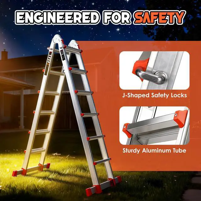 Alt view image 6 of 6 - Telescoping Ladder, A Frame Ladder, Multi Position with Stabilizer Bar, 330 lbs Security Load Ladder for Stairs Household or Outdoor Roof, 22 Ft, Orange