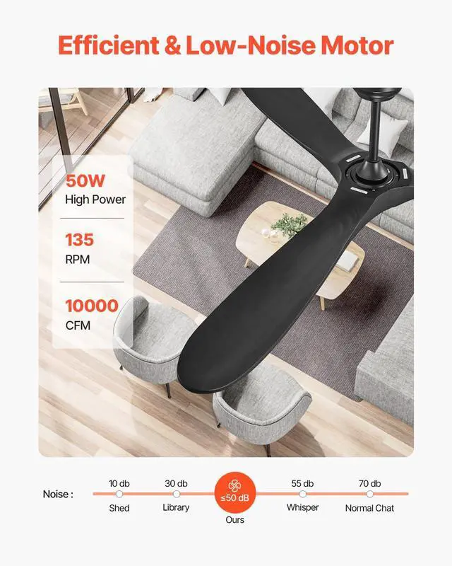 Alt view image 3 of 6 - 72 Inch Ceiling Fan without Light, 6-Speed Remote Control, 3-Wood-Blade, Reversible DC Motor, Modern Low Profile Flush Mount Exterior Fan for Bedroom, Living Room, Patio, Indoor/Outdoor, Black