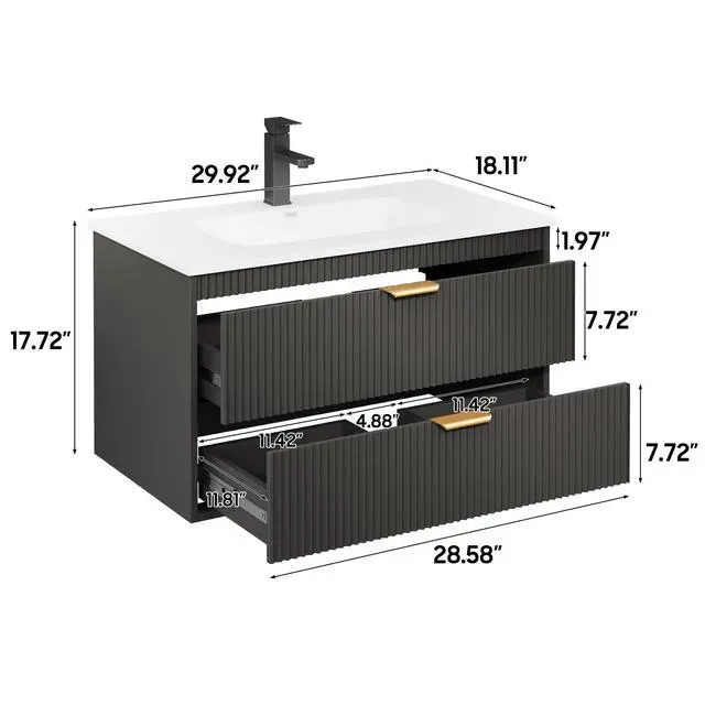 Alt view image 2 of 6 - 30 Inch Bathroom Vanity with Sink, Wood Grain Wall Mounted Vanity with 2 Storage Darwers, Floating Bathroom Vanity with Storage, Bathroom Floating Vanity with Sink, Faucet, Black