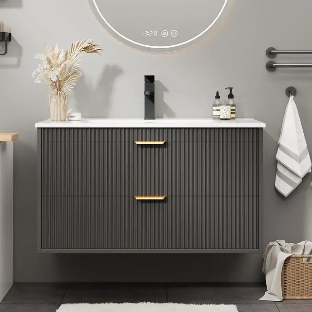 Alt view image 3 of 6 - 30 Inch Bathroom Vanity with Sink, Wood Grain Wall Mounted Vanity with 2 Storage Darwers, Floating Bathroom Vanity with Storage, Bathroom Floating Vanity with Sink, Faucet, Black