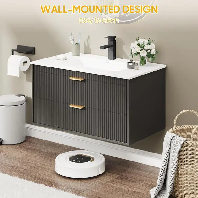 Alt view image 4 of 6 - 30 Inch Bathroom Vanity with Sink, Wood Grain Wall Mounted Vanity with 2 Storage Darwers, Floating Bathroom Vanity with Storage, Bathroom Floating Vanity with Sink, Faucet, Black
