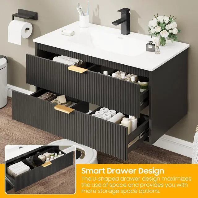 Alt view image 5 of 6 - 30 Inch Bathroom Vanity with Sink, Wood Grain Wall Mounted Vanity with 2 Storage Darwers, Floating Bathroom Vanity with Storage, Bathroom Floating Vanity with Sink, Faucet, Black