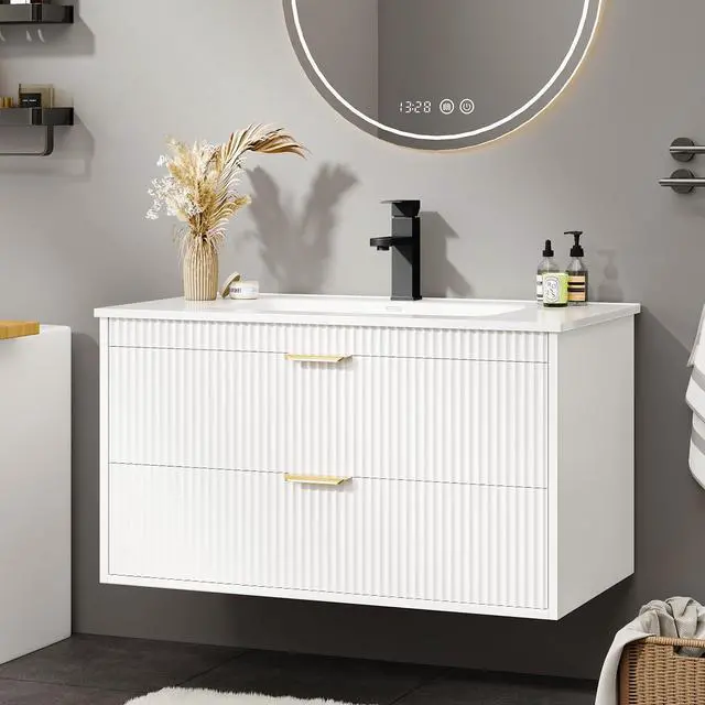 Main image of 30 Inch Bathroom Vanity with Sink, Wood Grain Wall Mounted Vanity with 2 Storage Darwers, Floating Bathroom Vanity with Storage, Bathroom Floating Vanity with Sink, White