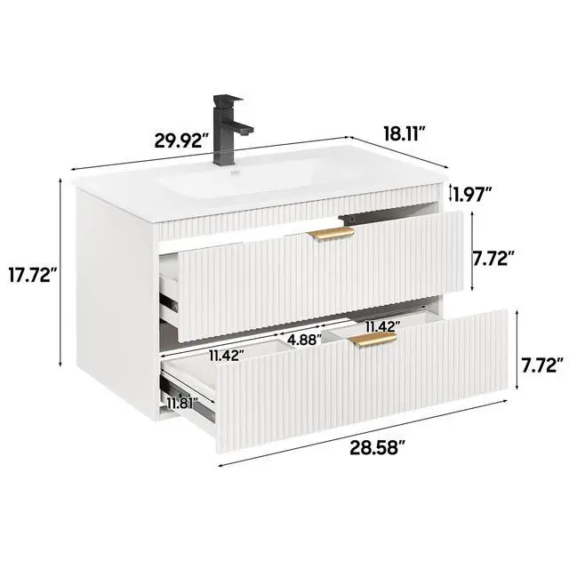Alt view image 2 of 6 - 30 Inch Bathroom Vanity with Sink, Wood Grain Wall Mounted Vanity with 2 Storage Darwers, Floating Bathroom Vanity with Storage, Bathroom Floating Vanity with Sink, White
