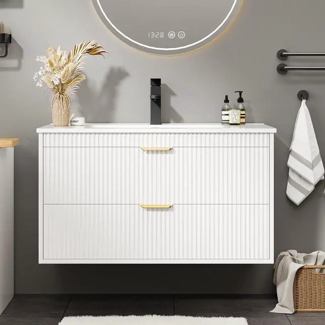 Alt view image 3 of 6 - 30 Inch Bathroom Vanity with Sink, Wood Grain Wall Mounted Vanity with 2 Storage Darwers, Floating Bathroom Vanity with Storage, Bathroom Floating Vanity with Sink, White