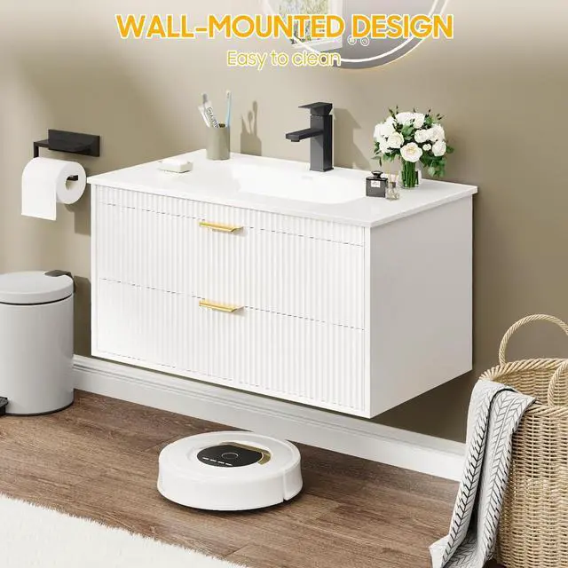 Alt view image 4 of 6 - 30 Inch Bathroom Vanity with Sink, Wood Grain Wall Mounted Vanity with 2 Storage Darwers, Floating Bathroom Vanity with Storage, Bathroom Floating Vanity with Sink, White