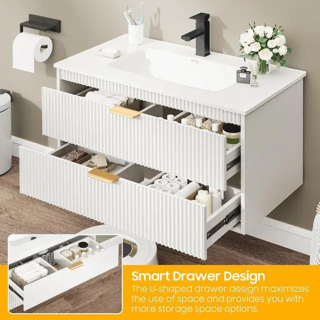 Alt view image 5 of 6 - 30 Inch Bathroom Vanity with Sink, Wood Grain Wall Mounted Vanity with 2 Storage Darwers, Floating Bathroom Vanity with Storage, Bathroom Floating Vanity with Sink, White