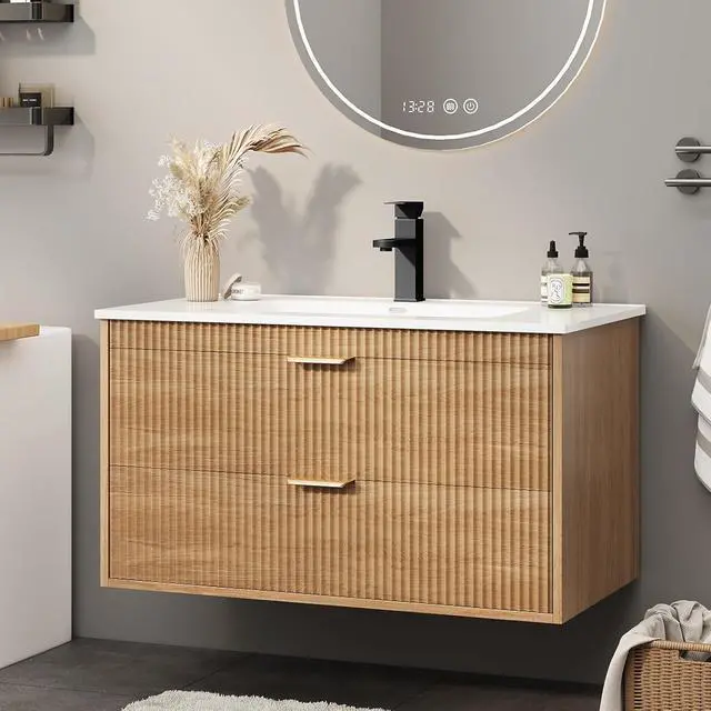 Main image of 30 Inch Bathroom Vanity with Sink, Wood Grain Wall Mounted Vanity with 2 Storage Darwers, Floating Bathroom Vanity with Storage, Bathroom Floating Vanity with Sink, Oak