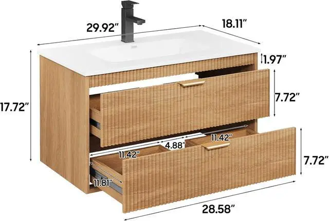 Alt view image 2 of 6 - 30 Inch Bathroom Vanity with Sink, Wood Grain Wall Mounted Vanity with 2 Storage Darwers, Floating Bathroom Vanity with Storage, Bathroom Floating Vanity with Sink, Oak