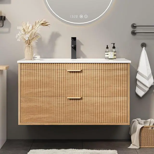 Alt view image 3 of 6 - 30 Inch Bathroom Vanity with Sink, Wood Grain Wall Mounted Vanity with 2 Storage Darwers, Floating Bathroom Vanity with Storage, Bathroom Floating Vanity with Sink, Oak