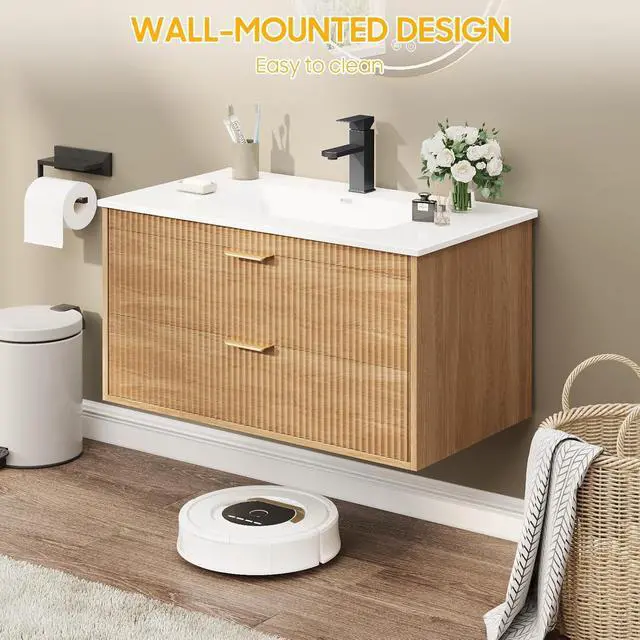 Alt view image 4 of 6 - 30 Inch Bathroom Vanity with Sink, Wood Grain Wall Mounted Vanity with 2 Storage Darwers, Floating Bathroom Vanity with Storage, Bathroom Floating Vanity with Sink, Oak