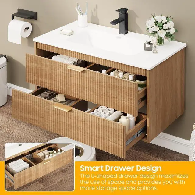 Alt view image 5 of 6 - 30 Inch Bathroom Vanity with Sink, Wood Grain Wall Mounted Vanity with 2 Storage Darwers, Floating Bathroom Vanity with Storage, Bathroom Floating Vanity with Sink, Oak