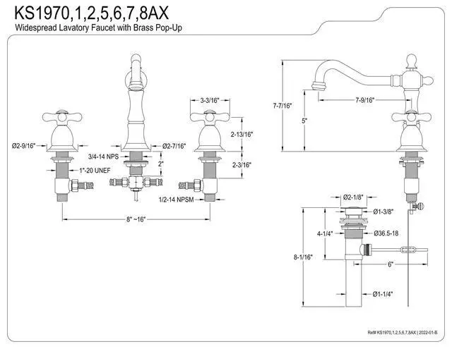 Alt view image 2 of 3 - KS1978AX Heritage Widespread Lavatory Faucet with Metal Cross Handle, Brushed Nickel