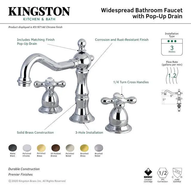 Alt view image 3 of 3 - KS1978AX Heritage Widespread Lavatory Faucet with Metal Cross Handle, Brushed Nickel