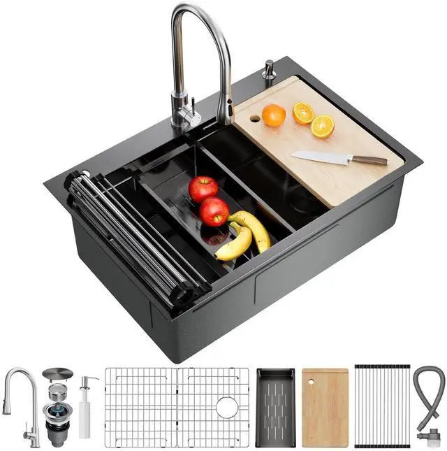 Main image of 33X22 Drop In Kitchen Sink, Nano 304 Stainless Steel Workstation Sink, Pop-Up Drain, Upgraded Fast Drain & Anti-Clog, Topmount Single Bowl with Accessories, Foldable Grid, black sink