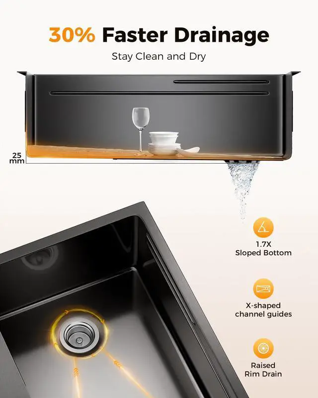 Alt view image 2 of 6 - 33X22 Drop In Kitchen Sink, Nano 304 Stainless Steel Workstation Sink, Pop-Up Drain, Upgraded Fast Drain & Anti-Clog, Topmount Single Bowl with Accessories, Foldable Grid, black sink