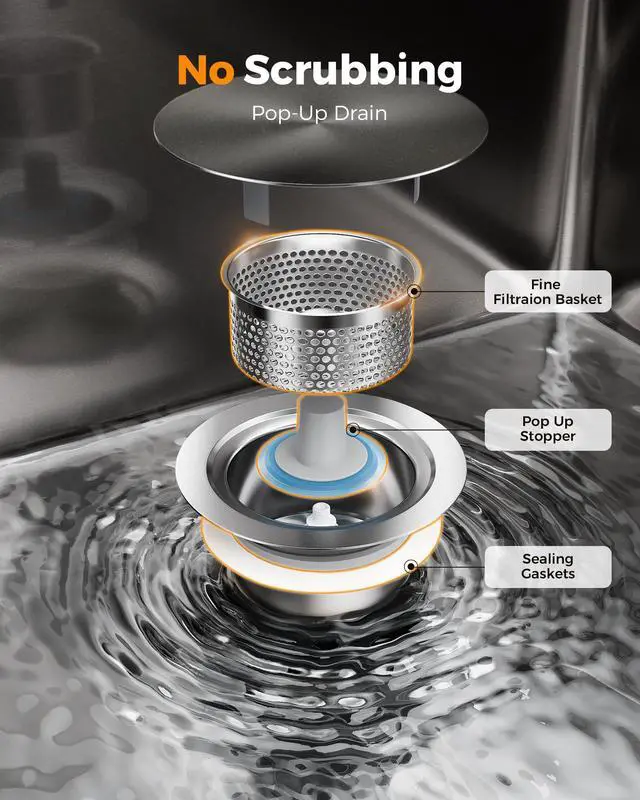 Alt view image 3 of 6 - 33X22 Drop In Kitchen Sink, Nano 304 Stainless Steel Workstation Sink, Pop-Up Drain, Upgraded Fast Drain & Anti-Clog, Topmount Single Bowl with Accessories, Foldable Grid, black sink