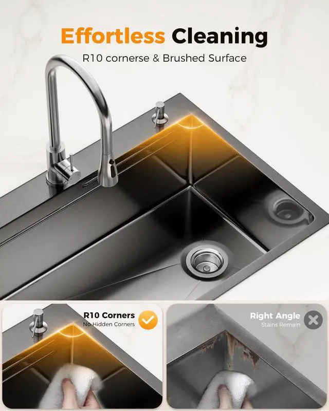 Alt view image 4 of 6 - 33X22 Drop In Kitchen Sink, Nano 304 Stainless Steel Workstation Sink, Pop-Up Drain, Upgraded Fast Drain & Anti-Clog, Topmount Single Bowl with Accessories, Foldable Grid, black sink