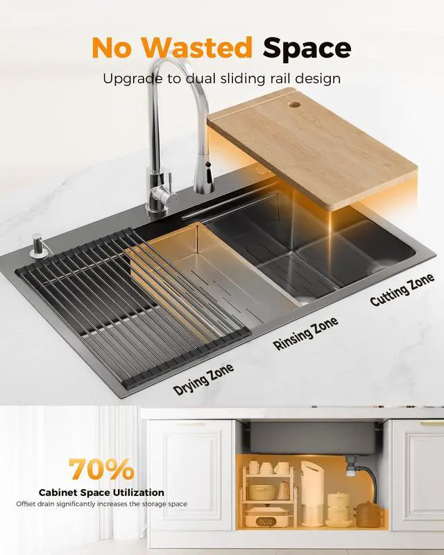Alt view image 6 of 6 - 33X22 Drop In Kitchen Sink, Nano 304 Stainless Steel Workstation Sink, Pop-Up Drain, Upgraded Fast Drain & Anti-Clog, Topmount Single Bowl with Accessories, Foldable Grid, black sink