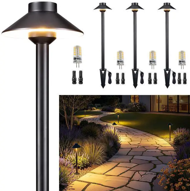 Main image of Outdoor Brass Pathway Lights, 2700K/3000K/4000K Adjustable Low Voltage Landscape Path Lighting Wired, 12v Walkway Light LED Waterproof, Black for Outside Garden Yard with G4 Bulb (4 Pack)