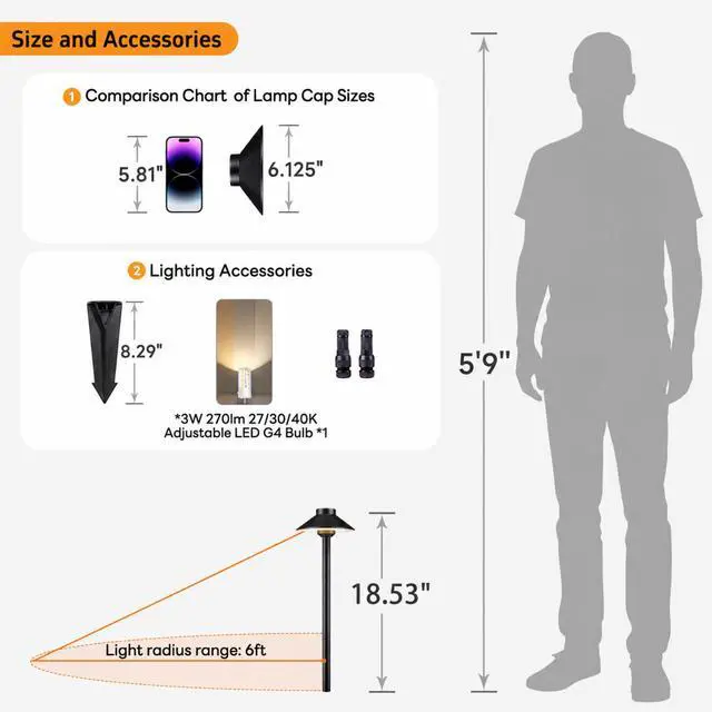 Alt view image 6 of 6 - Outdoor Brass Pathway Lights, 2700K/3000K/4000K Adjustable Low Voltage Landscape Path Lighting Wired, 12v Walkway Light LED Waterproof, Black for Outside Garden Yard with G4 Bulb (4 Pack)