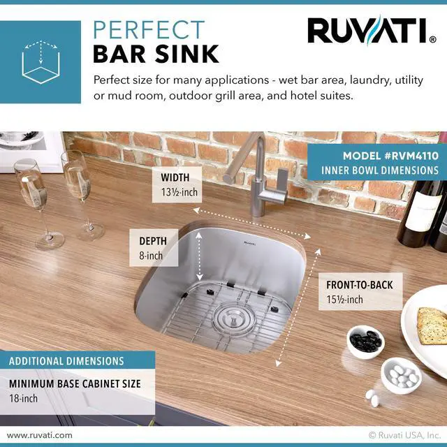 Alt view image 3 of 6 - 15 x 18 inch Undermount Bar Sink - 16 Gauge Stainless Steel Bar Prep Sink with Brushed Finish hides scratches - Easy-to-Clean Undermount Sink - RVM4110