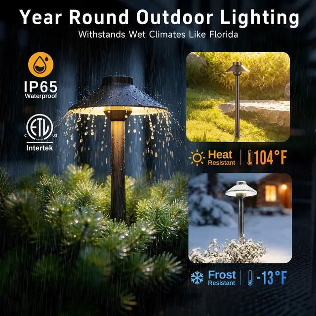 Alt view image 4 of 6 - Solid Cast Brass Pathway Lights, Low Voltage Landscape Path Light Wired, LED Walkway Light Waterproof, Hat Shaped 12V Wired Black for Entrance Garden with 5000K Daylight G4 Bulb (4 Pack)