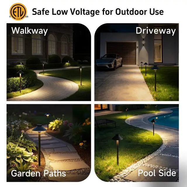 Alt view image 5 of 6 - Solid Cast Brass Pathway Lights, Low Voltage Landscape Path Light Wired, LED Walkway Light Waterproof, Hat Shaped 12V Wired Black for Entrance Garden with 5000K Daylight G4 Bulb (4 Pack)