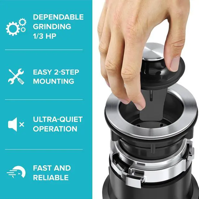 Alt view image 2 of 6 - WasteGuard 1/3 HP Ultra-Quiet Garbage Disposal with Quick Connect, Kitchen Sink Drain Cover, Power Cord and Flange Included, KWD100-33MBL
