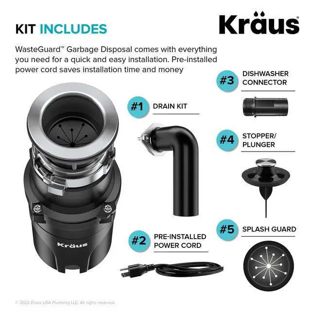 Alt view image 3 of 6 - WasteGuard 1/3 HP Ultra-Quiet Garbage Disposal with Quick Connect, Kitchen Sink Drain Cover, Power Cord and Flange Included, KWD100-33MBL