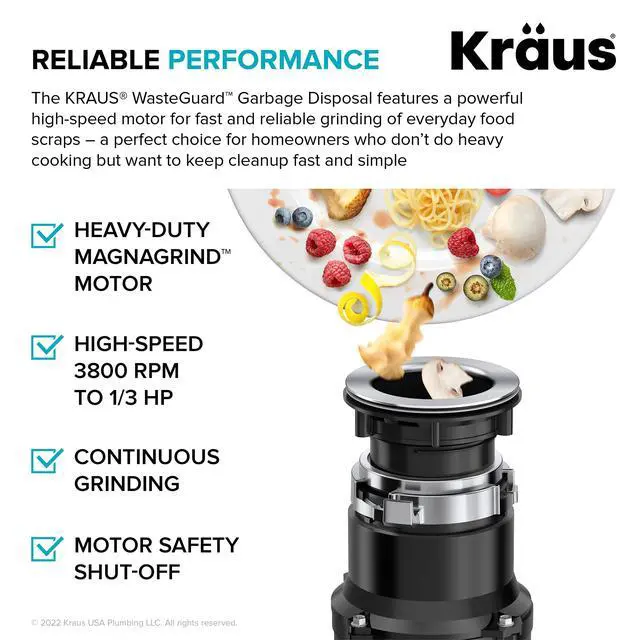 Alt view image 4 of 6 - WasteGuard 1/3 HP Ultra-Quiet Garbage Disposal with Quick Connect, Kitchen Sink Drain Cover, Power Cord and Flange Included, KWD100-33MBL