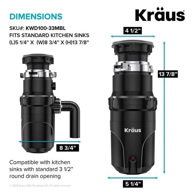 Alt view image 6 of 6 - WasteGuard 1/3 HP Ultra-Quiet Garbage Disposal with Quick Connect, Kitchen Sink Drain Cover, Power Cord and Flange Included, KWD100-33MBL