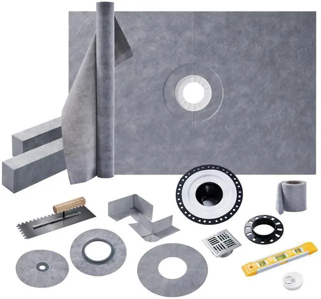 Main image of Shower Curb Kit with Complete Shower Kit- Tray, Curb, Membrane, Seals, ABS Bonding Flange, Corners, Trowel & Level, 48" x 72" Tray, Center Outlet Position